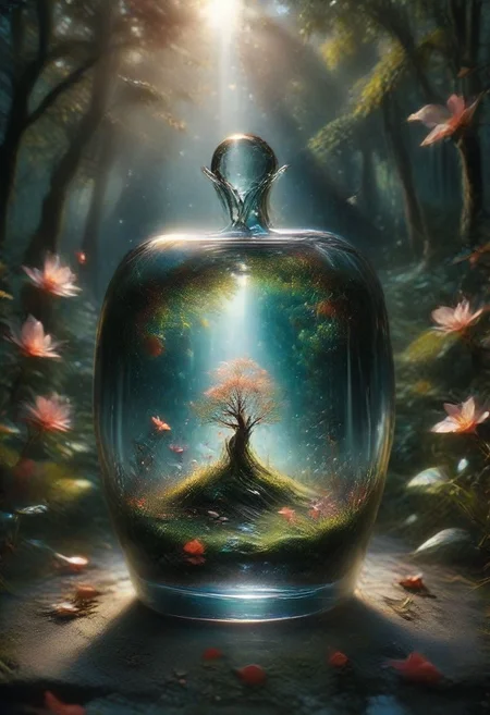 There a glass Apple sculpture, concealed inside is a picture of a beautiful Japanese landscape inside of it with pink trees and falling leaves, in the dark, detailed image, 8k, 8k high quality detailed art, the moon, perfect sphere, amazing wallpaper, digital painting highly detailed, 8 k hd detailed oil painting, beautiful art uhd 4 k, focus on glass apple, close up, bokeh, unfocused counter top background   Vibrant glass red apple, glossy surface, intricate details, vivid green leaves, miniature Adam and Eve figures inside, symbolic scene, ethereal atmosphere, zbrushcentral contest winner, cherry blossom tree background, meticulous craftsmanship, high realism, impeccable symmetry, 8K resolution, captivating colors, dynamic lighting, digital art masterpiece, by renowned artist, enchanting and thought-provoking composition.
More about Enchanted Glass Apple: A Digital MasterpieceA stunning digital artwork featuring a vibrant glass red apple with intricate details, containing miniature Adam and Eve figures. Set against a cherry blossom tree background, this piece showcases meticulous craftsmanship and high realism in an ethereal and symbolic scene.
#craftsmanship #digitalmasterpiece #ethereal #glassart #symbolism