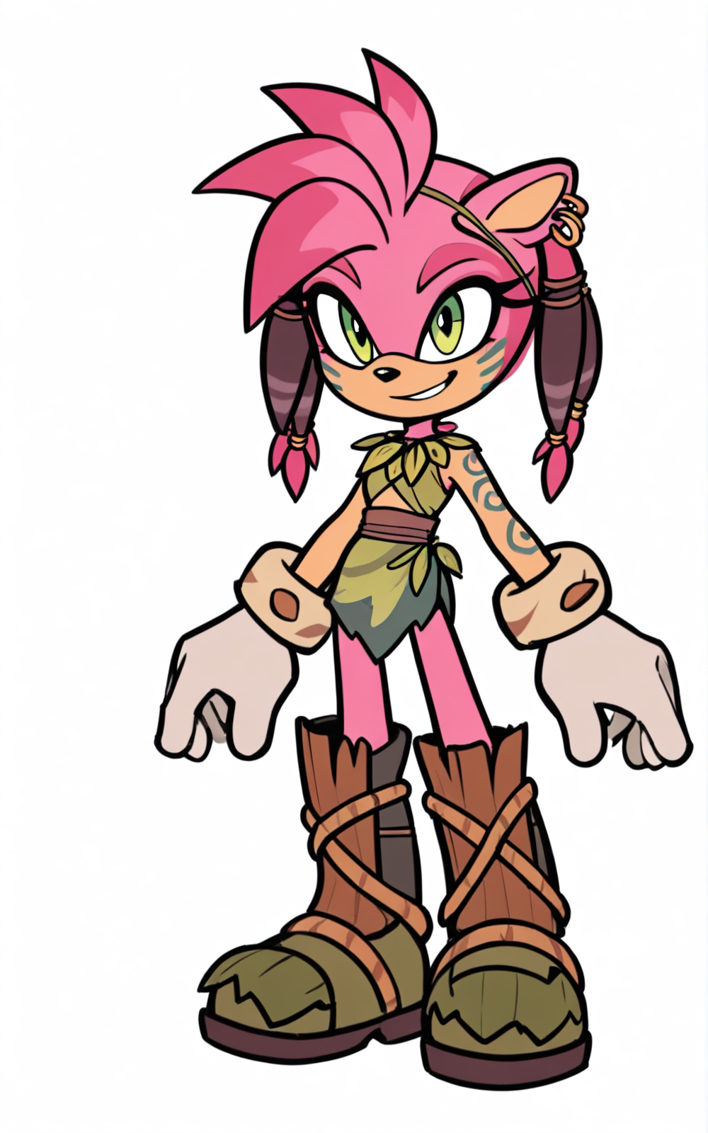best quality, absurdres,full body, <lora:BolivanteStyleITS:0.8>, <lora:TRSTHITS:0.8>,TRSTHITS,sleeveless, green eyes, boots, tattoo, knee boots, arm tattoo, tribal, leaf, green dress, bracelet, gloves,animal ears,pink hair, earrings,white gloves,furry, furry female, white background,standing,slim,looking at viewer,smile