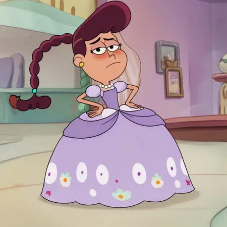 <lora:NelliePrms:1>, 1girl, solo, NelliePrms, 1girl, reddish-brown hair, light brown skin, freckles, black eyes, ponytail, emerald ball scrunchie, princess make up, Very long large floor length wide straight tulle purple ball gown hoop skirt, ball gown hoop skirt, purple princess dress, hoopdress, white pearl necklace, my big princess gypsy wedding dress, ballgown, a girl in a dress posing like a princess for a picture, looking at viewer, pretty eyes, she is posing, she is posing like a quinceanera model, closed mouth, hands on hips, half closed eyes