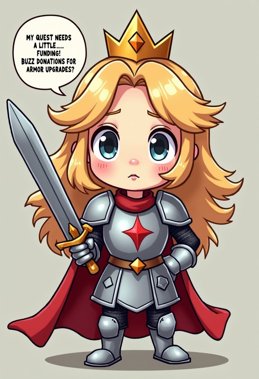 (masterpiece), best quality, expressive eyes, perfect face, cartoon style, anime style, Princess Learning Swordsmanship": A sweet princess in clunky knight’s armor, gripping a sword with uncertain eyes, speech bubble saying, “My quest needs a little… funding! Buzz donations for armor upgrades?"