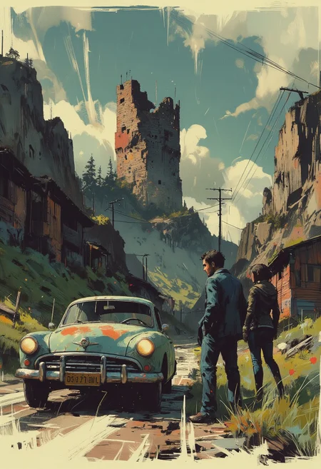 OBxiaoxiang, Special Ink-drawing mode, Mh1$AgThS2, intricate linework with expressive contrasts, cracked paint, inksketch of a A shattered castle tower rose against the sky at the end of a ravine Is made of old stone bricks dirty and worn out. A pale blue Volkswagen Karmann Ghia is parked on the side of the dirty road. A man in blue suit and a black woman black leather jacket and jeans are looking at the tower. The overall style is reminiscent of comic book art. The overall style is a blend of realism and noir movie. The interplay of light and shadow enhances the mood, capturing a moment of tense introspection, drama, and mystery in a country setting.
