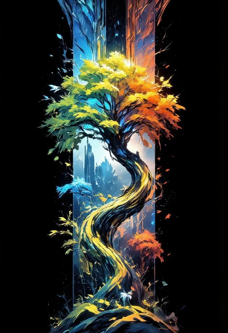 A tall fantasy art panel divided into four vertical sections, each showing the same stylized tree in a different season: 
- Left section: winter theme with vibrant icy-blue leaves, snowflakes, and a dark starry sky 
- Second section: spring theme with bright green leaves, soft glow, and gentle sparkles 
- Third section: summer theme with warm golden-orange leaves, light glow, and shimmering atmosphere 
- Right section: autumn theme with fiery red leaves, falling foliage, and a darker star-filled sky 
Each section seamlessly transitions in color and mood, leaves softly glowing and drifting, 
intricate detail, ultra-detailed, fantasy lighting, digital painting, trending on ArtStation, 8k resolution