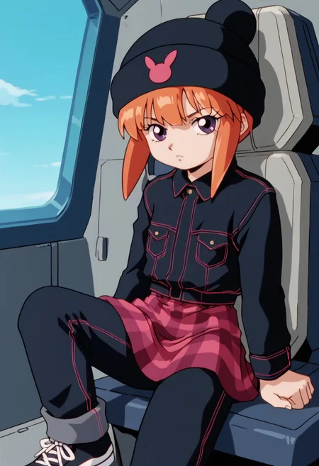 score_8, score_8_up, score_7_up, AWGXS, anime screenshot, retro artstyle,1990s (style), cel animation BREAK 1girl, female focus, solo, looking at viewer, usagi_kurokawa, beanie, black headwear, hat ornament, orange hair, bangs, short hair, sidelocks, denim jacket, black jacket, collared jacket, breast pocket, long sleeves, skirt, plaid skirt, pants under skirt, black pants, jeans, sneakers, black footwear, cockpit, sitting, standing, looking at viewer, straight-on, serious expression, arms forward, arms at side, joystick,