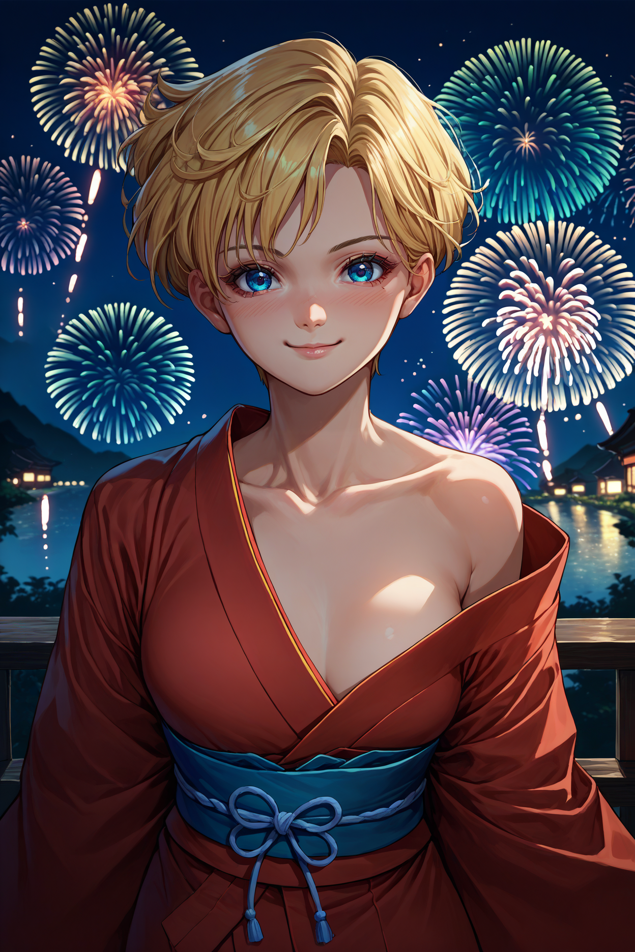 score_9, score_8_up, score_7_up, score_6_up, source_anime, 1girl, solo,  <lora:sailoruranus-pdxl-nvwls-v1-000005:1> slrua, blonde hair, short hair, blue eyes, red kimono, sash, off-shoulder kimono, night, fireworks, looking at you, smile, blush