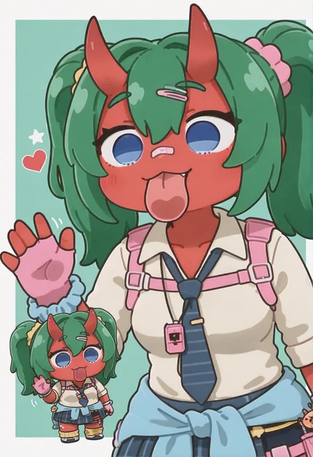 arikuigames1105, high quality, masterpiece, intricate details, absuredres, (licking pose,chibi,tongue,waving,upper body:1.4), fortnite_nemia, 1girl, solo, green hair, twintails, ponytail, long hair, bangs, hair between eyes, hair over one eye, ears, horns, oni horns, single horn, red skin, pink skin, blue eyes, parted lips, bandaid, bandaid on nose, bandaid on thighs, breasts, shirt, school uniform, necktie, plaid skirt, thighhighs, socks, loose socks, boots, jewelry, earrings, bracelet, charm, belt, gloves, fingerless gloves, knee pads, leg warmers, collarbone, solo, colored skin, hair ornament, hairclip, scrunchie, holster, striped necktie, clothes around waist, oni, plaid, charm (object), blue necktie, sweater around waist, animal print, heart, shoes, star (symbol), thigh holster, <lora:Fortnite_Nemia_Demonically_Cute_Set_ILXL_E41_16_DIM:0.8>, <lora:dmd2_sdxl_4step_lora:1>, <lora:licking pose_noob11-xl-e3:1>, <lora:Arikuigames1105IllustriousV1:1>