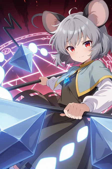 absurdres, highres, masterpiece, best quality, amazing quality, official anime artwork, screencap, anime screencap, looking at viewer, light smile,
<lora:Nazrin_illustrious:1> nazrin, 1girl, solo, red eyes, grey hair, short hair, mouse ears, mouse tail,, pendant, grey capelet, brown dress, long sleeves, white sleeves, white socks, black footwear,
danmaku, dowsing rod, magic circle,