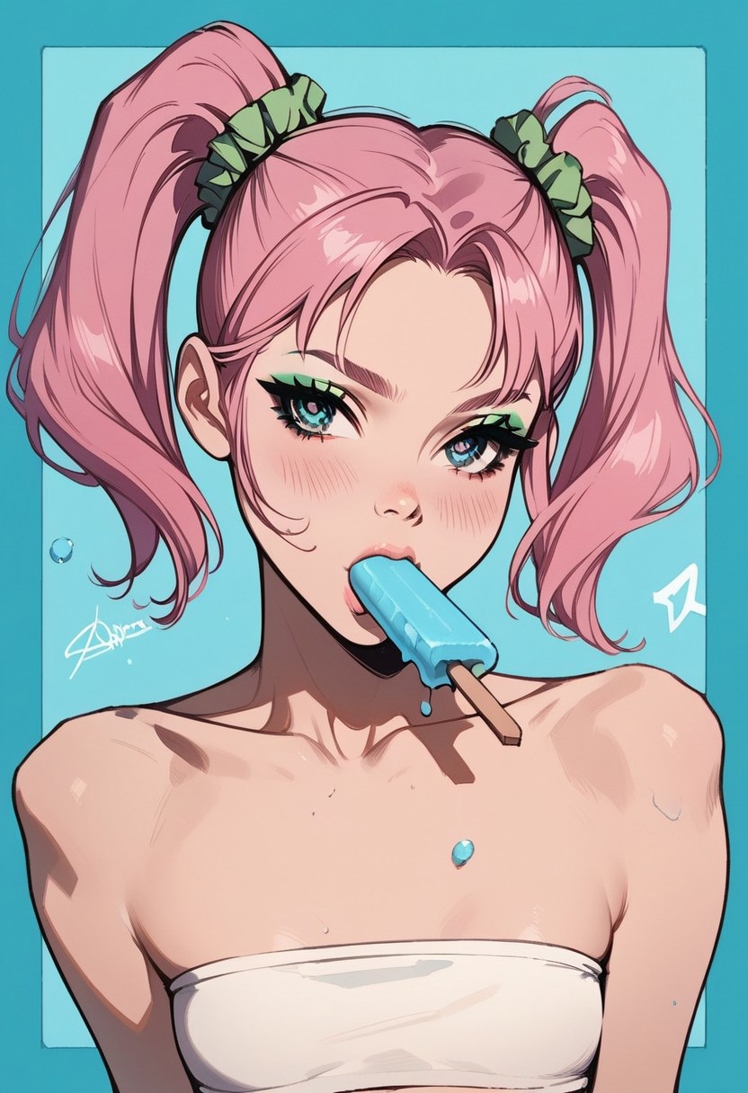 score_9, score_8_up, score_7_up, v3lur4f0rg3,VeluraForge,Velura Forge, masterpiece, best quality, 1girl, solo, skinny, flat breasts, blue eyes, pink candy hair, two pigtails, green elastic scrunchie, makeup, green eye shadows, (black long eyes arrows), blush, T-tube top BREAK sucking green popsicle, popsicle in mouth, BREAK medium shot, blue background
