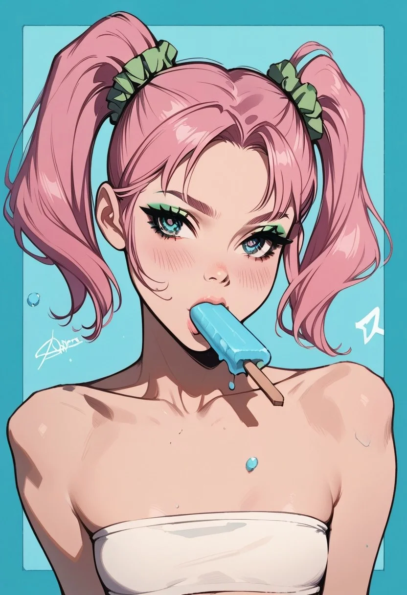 score_9, score_8_up, score_7_up, v3lur4f0rg3,VeluraForge,Velura Forge, masterpiece, best quality, 1girl, solo, skinny, flat breasts, blue eyes, pink candy hair, two pigtails, green elastic scrunchie, makeup, green eye shadows, (black long eyes arrows), blush, T-tube top BREAK sucking green popsicle, popsicle in mouth, BREAK medium shot, blue background