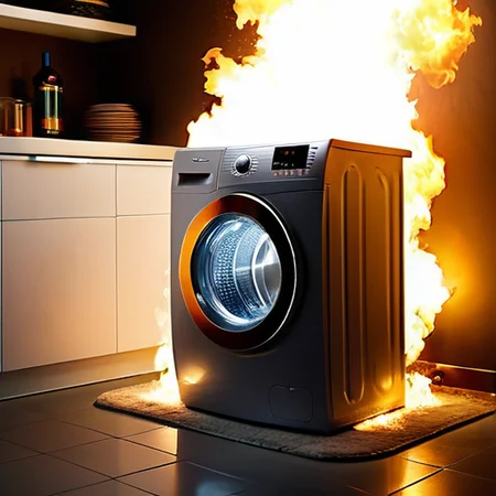 washing machine, <lora:FireBreath:0.7> breathing fire, indoors