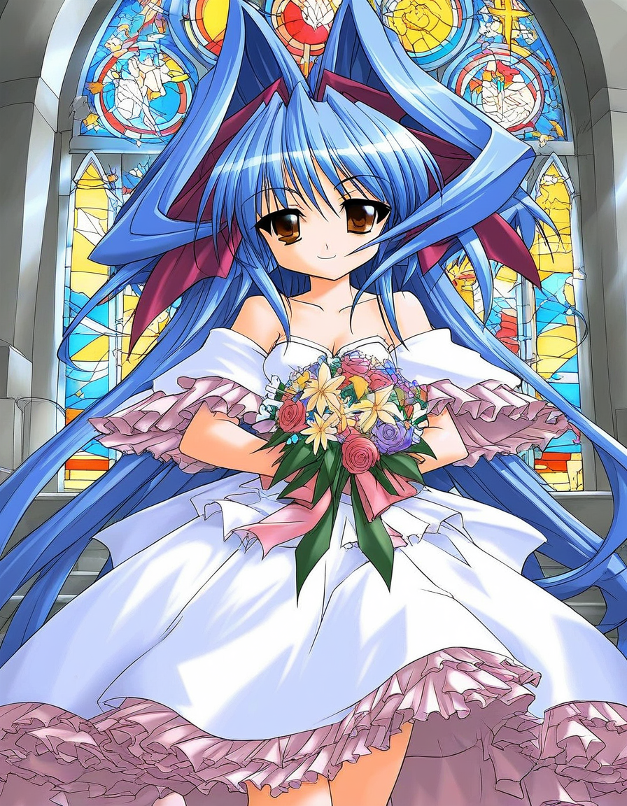 score_9, score_8_up, score_7_up, source_anime, rating_explicit, BREAK  <lora:Shion_mahjong_XL:1> Shion_mahjong, very long hair, blue hair, hair bow, hair intakes, brown eyes,  short stack, 
wedding dress, church, flower, bouquet, church, Stained glass,holylight,
looking at viewer, 
cowboyShot,