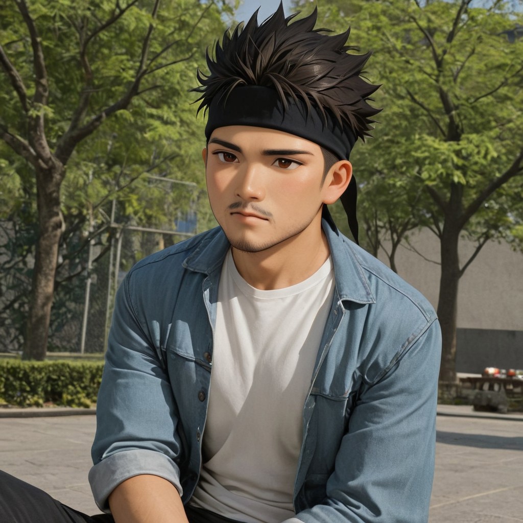 a man using denim jacket, white shirt, and jeans sitting on park, asian man, amirrama, (1boy, black hair, spiked hair, brown eyes, headband, facial hair, shirt, pants,), upper body, perfection style, perfection, perfect