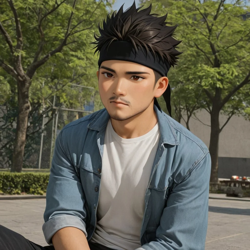 a man using denim jacket, white shirt, and jeans sitting on park, asian man, amirrama, (1boy, black hair, spiked hair, brown eyes, headband, facial hair, shirt, pants,), upper body, perfection style, perfection, perfect