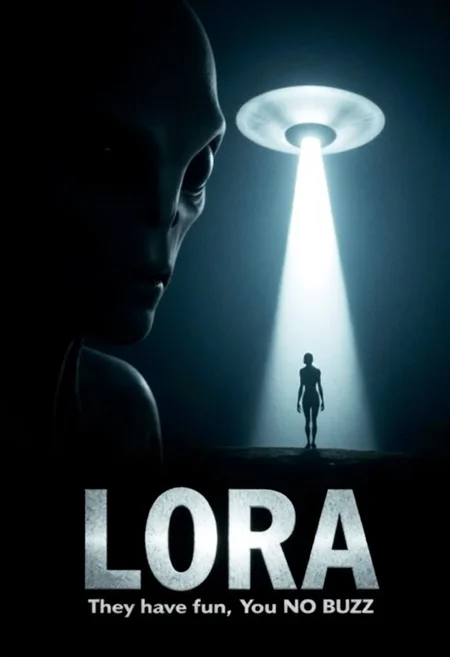 Cinematic, cinematic lighting, ultra realistic, ultra detailed textures, horror theme, dark theme, A movie poster for an alien abduction horror movie featuring a grey-type alien and a UFO. The title of the movie 'Download LORA' is written at the bottom in bold large white font with fading effect, below the title is a smaller text 'They have fun, You NO BUZZ.' The poster is mostly deep dark, fading into pitch black. The left half of the poster is covered by the face of an alien, standing out sharply. The lighting is low, keeping the face of the alien barely visible, adding to the ominous and unsettling atmosphere of the movie. The right side of the poster is covered with an image of alien abduction featuring a UFO flying in the misty night sky, illuminated by a bright, piercing light emanating from its bottom, casting a dramatic spot light effect below, lifting a silhouette of a female human figure upward to the UFO. The UFO is a classic flying saucer, its metallic feature and shape is barely visible, illuminated by the light of the tractor beam. The color scheme is entirely pale, white, light blue with sharp contrasts between light and dark enhancing the film's tense and horrifying atmosphere., aidmatextimprover