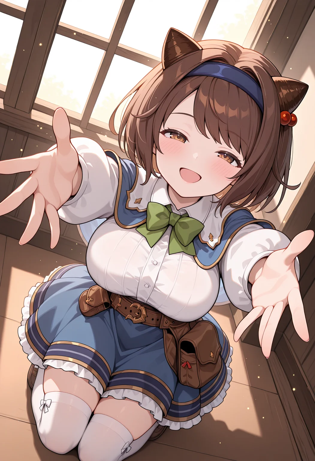 highres, best quality, masterpiece, indoors,
1girl, solo, gbfyaia, brown hair, short hair, hairband, draph, brown eyes, large breasts,
yaiadef, blue hairband, hair bobbles, blue capelet, white shirt, white sleeves, long sleeves, green bowtie, belt, pouch, blue skirt, white thighhighs,
looking at viewer, blush, smile, open mouth,
kneeling, from above, outstretched arms, half-closed eyes, dutch angle, full body, window, light particles, incoming hug,
<lora:_yaia_gbf-elesico-ilxl:1>