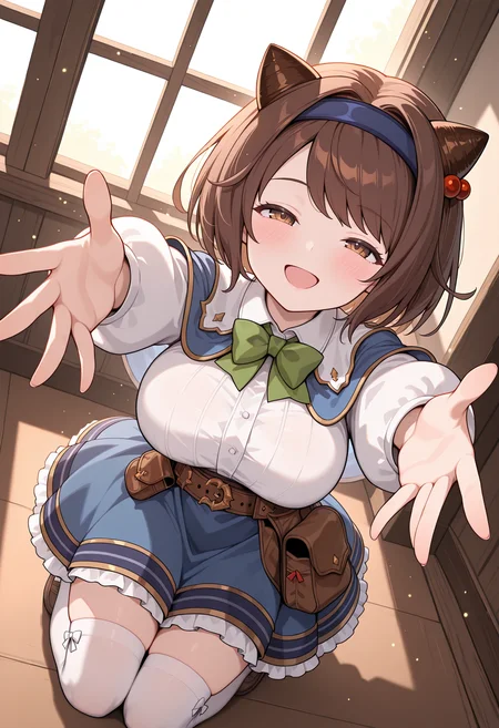 highres, best quality, masterpiece, indoors,
1girl, solo, gbfyaia, brown hair, short hair, hairband, draph, brown eyes, large breasts,
yaiadef, blue hairband, hair bobbles, blue capelet, white shirt, white sleeves, long sleeves, green bowtie, belt, pouch, blue skirt, white thighhighs,
looking at viewer, blush, smile, open mouth, 
kneeling, from above, outstretched arms, half-closed eyes, dutch angle, full body, window, light particles, incoming hug, 
<lora:_yaia_gbf-elesico-ilxl:1>
