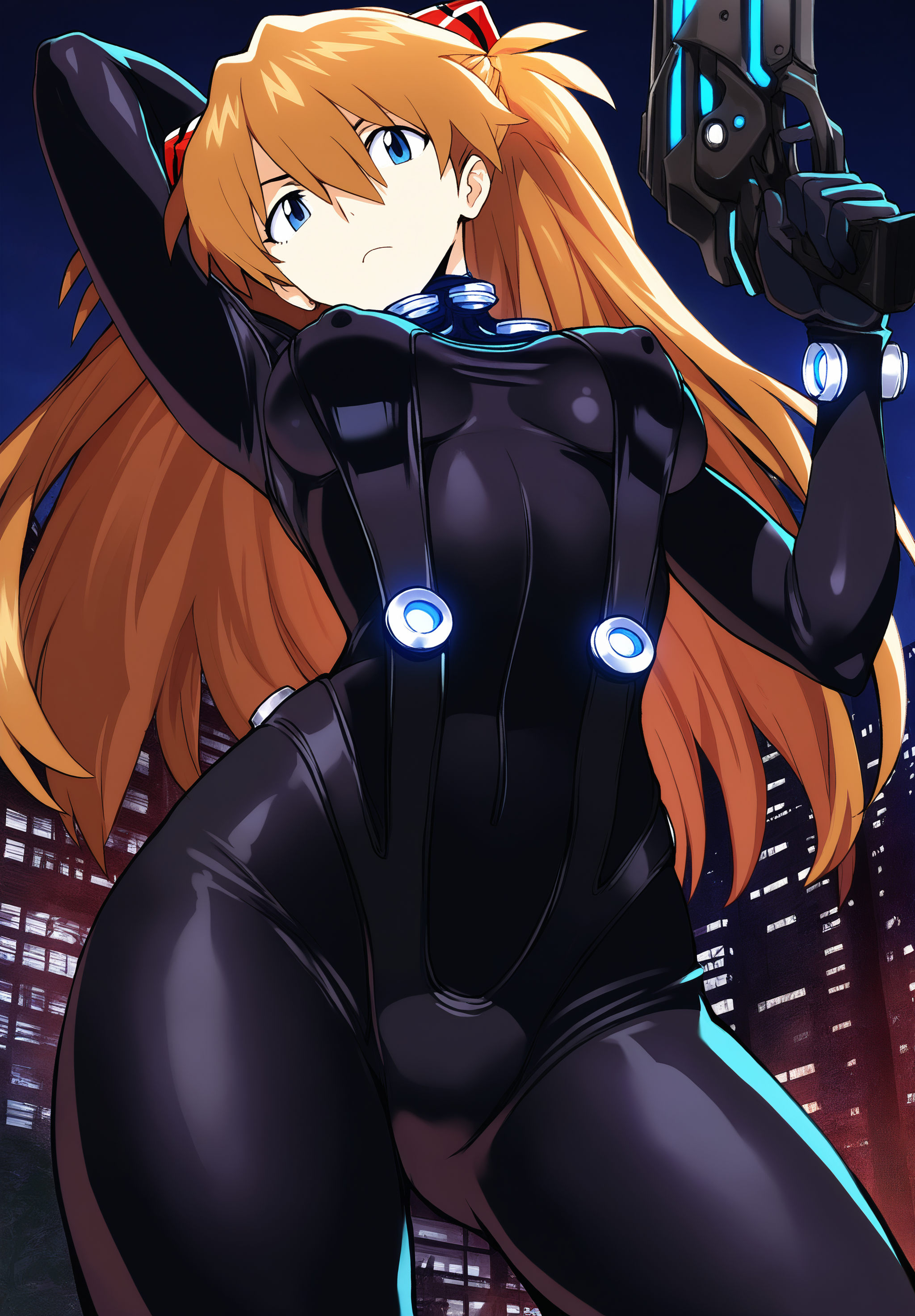 masterpiece,absurdres,best quality,high quality,<lora:Cool Rance V4 Vpred Noob:1>,(close-up:1.5),from below,gantz suit,souryuu asuka langley,covered nipples,looking at viewer,frown,building,contrapposto,pose,holding gun,aiming up,head tilt,half-closed eyes,night,