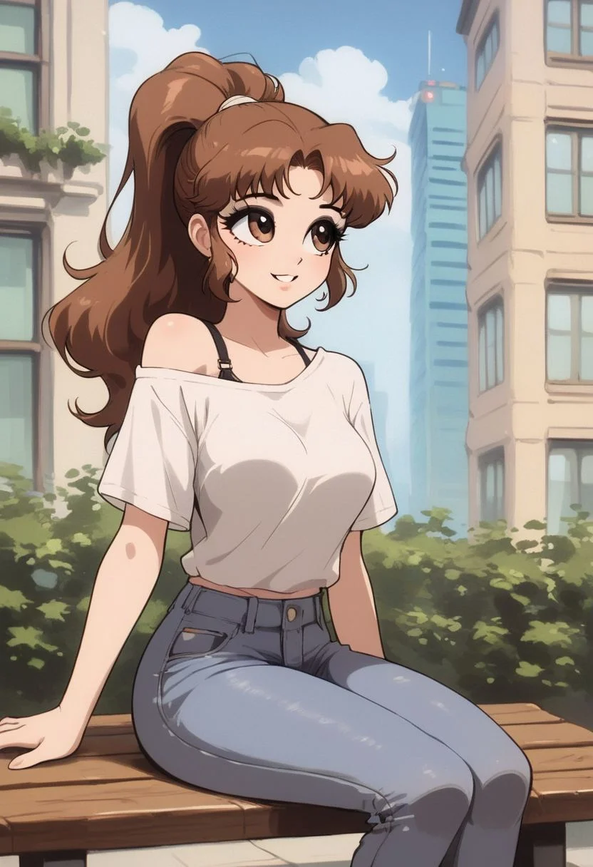 Vintage, 1990s \(style\), score_9, score_8_up, score_7_up, digital art, absurdres, great shading, high quality, w1ln4y4, 1girl, solo, cute face, brown eyes, long brown hair:2.0, high ponytail, long bangs, huge black eyelashes, dark eyeshadow, medium breasts, wide hips, hourglass figure, cute smile, parted lips, oversized white t-shirt, jeans, urban Japanese city, one shoulder exposed, bra strap, dynamic pose, sideview:1, sitting on a wooden bench, looking up