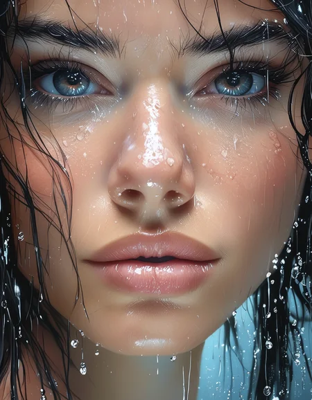 A woman with water droplets on her face and wet hair. The woman is looking into the camera. The background is dark, hyper-realism, best quality, NijiEX style















































































































































































































































