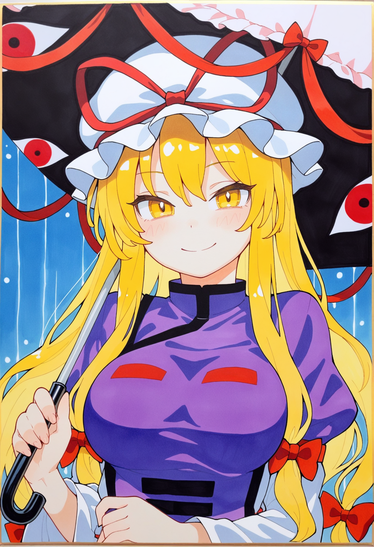 masterpiece,best quality,amazing quality,
1girl, yakumo yukari, hat, solo, blonde hair, yellow eyes, umbrella, ribbon, dress, long hair, hat ribbon, smile, shikishi, bow, hair bow, gap (touhou),
 <lora:Biyobiyo:1>