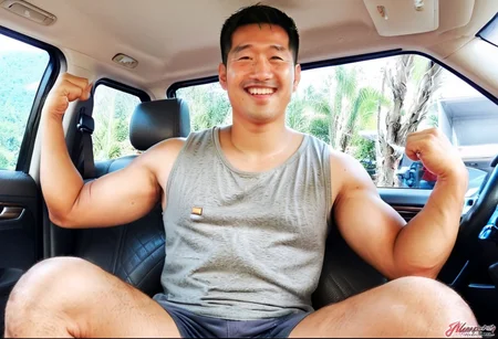(((htkangface))), daddy,  natural face expression, (((detailed HtKangface))), fixed htKangface Photorealistic, realistic, masterpiece, intricate details, detailed background, depth of field, photo of a handsome, dynamic pose, natural face expression, high detail, high quality, male focus,  ((pants)), (((in car))), ((covered nipples)), ((driving car)), (((daddy smile))), ((sitting)), ((tank top)), ((solo)), arms up, ((ring)), hairy armpits,, ((showing muscles)), showing off, beefy muscle