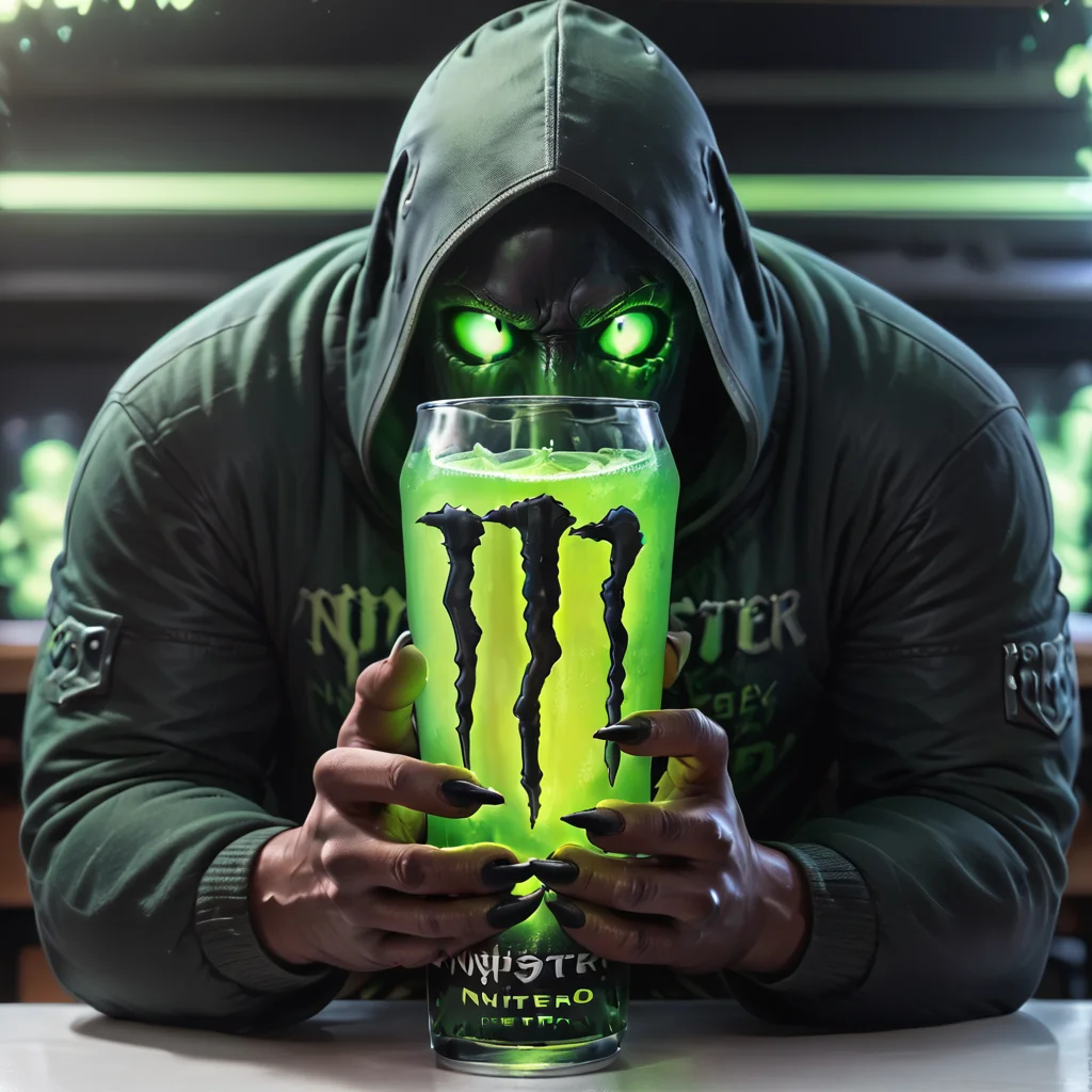 score_9, score_8_up, score_7_up, score_6_up, score_5_up, score_4_up, <lora:MonsterNitroPony:0.8>,NitroEnergy,solo,holding,cup,1man,wearing dark hood,dark backround,huge glowing green glass cup in the midle of the table,holding cup with both hands,long dark demon fingers,dark hands,