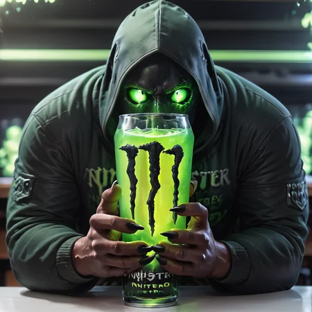 score_9, score_8_up, score_7_up, score_6_up, score_5_up, score_4_up, <lora:MonsterNitroPony:0.8>,NitroEnergy,solo,holding,cup,1man,wearing dark hood,dark backround,huge glowing green glass cup in the midle of the table,holding cup with both hands,long dark demon fingers,dark hands,