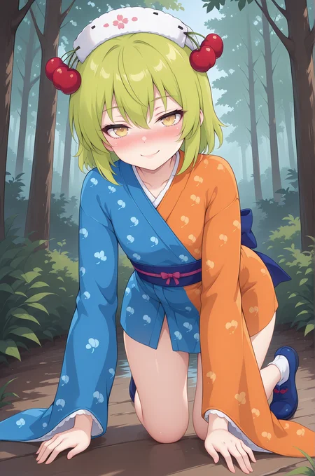 masterpiece,best quality,amazing quality, KoirandoshilVTILXL, 1girl, yellow eyes, green hair, short hair, hair between eyes, white hat, cherry hair ornament, flat chest, japanese clothes, blue kimono, orange kimono, two-tone kimono, short kimono, blue sash, blue shoes, solo, full body, all fours, seductive smile, looking at viewer, naughty face, nose blush, forest, tree     <lora:KoirandoshilVTILXL:1>