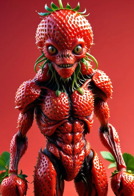 strwbrrxl, ((full body)), an otherworldly fantasy monstrous alien creaturecharacter textured by strawberry red skin, very detailed, 4k, masterpiece, morph, photo realistic, RAW photo, subject, 8k uhd,sharpened focus soft, lighting, high quality, The surface of the strawberry is dotted with numerous small seeds and has a bright red color, which is typical for ripe strawberries. hyper realistic and highly detailed, closeup portrait photo
<lora:artialien:0.7> artialien