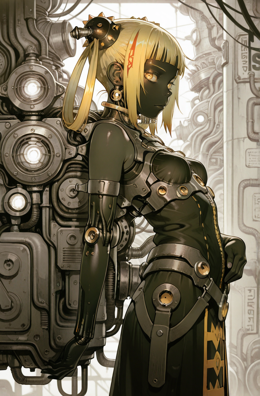 1girl,blonde hair, black skinï¼(obslete machine god:1.2),punk girl, looking at viewer, from side,monochrome, 
tatsuyuki, (too much machine:1.3) ,A room full of pipes, searchlights, (Bionic:1.2)
 <lora:Perfect Hands:1>  <lora:Tatsuyuki:0.9> <lora:add-detail-xl:1><lora:age_slider_v4:-2>, score_9, score_8_up, score_7_up, score_6_up, score_5_up, score_4_up,zPDXL