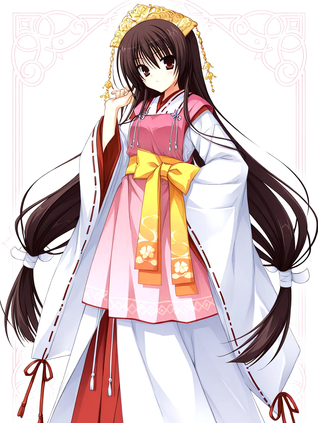 <lora:sakuyahime-tenshin-000009:1>,il-unohana-sakuya,1girl,ukami outfit,solo,japanese clothes,brown hair,
very long hair,yellow bow on waist,ribbon-trimmed sleeves,miko,pink wide shoulder strap out layer,white outer long under layer,elegant white gown with a trailing hem,red layer skirt inner,ruffling hair,
<lora:add-detail-xl:1>,<lora:ponyv4_noob1_2_adamW-000017:0.8>,wear clothes,