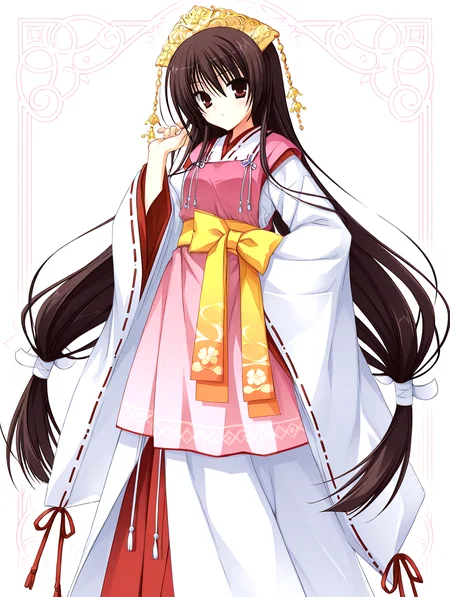 <lora:sakuyahime-tenshin-000009:1>,il-unohana-sakuya,1girl,ukami outfit,solo,japanese clothes,brown hair,
very long hair,yellow bow on waist,ribbon-trimmed sleeves,miko,pink wide shoulder strap out layer,white outer long under layer,elegant white gown with a trailing hem,red layer skirt inner,ruffling hair,
<lora:add-detail-xl:1>,<lora:ponyv4_noob1_2_adamW-000017:0.8>,wear clothes,