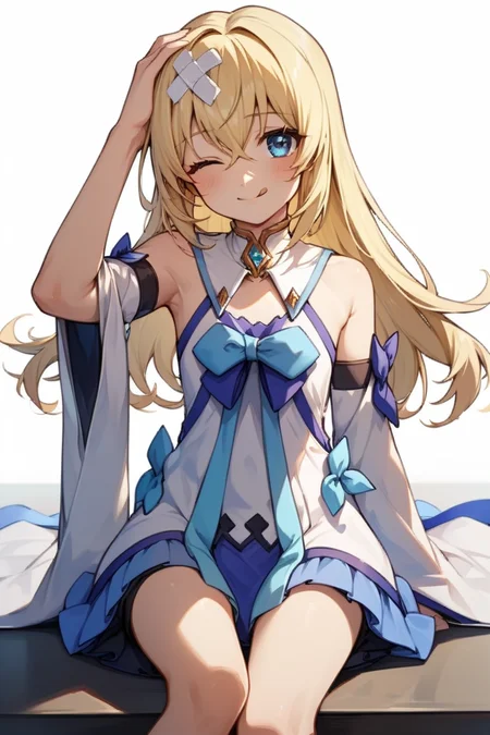 score_9, score_8_up, score_7_up, very aesthetic, source_anime, detailed, high quality, beautiful, masterpiece, detailed eyes,
<lora:lightXL:0.8>
white background, simplee background,
cowboy shot, pov, looking at viewer,
sitting, hand on head, one eye closed, tongue out, :p, blush, plaster on head,
<lora:coletteA_autismConfetti_v03:1>
colette brunel, blonde hair, blue eyes, long hair, hair between eyes, short dress, bare shoulders, detached sleeves, ribbon, white footwear, wide sleeves, footwear ribbon, zPDXL
