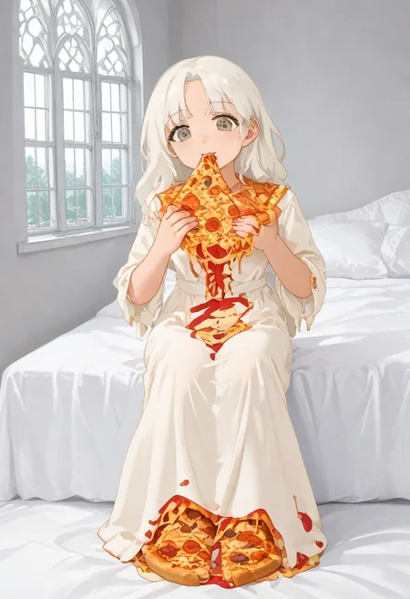 red slime girl ((eating pizza)) pizzasdx, looking at viewer (pizza melting:1.5) medieval bedroom background, masterpiece, full body sitting on bed, white bed, bed, white sheets, window, good light, perfect hands, good hands (hands on pizza) pizza