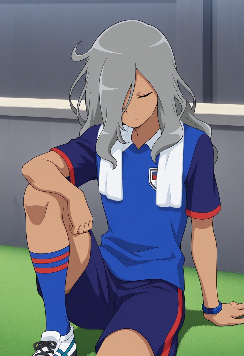 masterpiece,best quality,amazing quality, source_anime,
HaizakiRyouhei, 1boy, male focus, solo, dark skin, dark-skinned male, closed eyes, grey hair, long hair, hair over one eye, orion soccer uniform, shirt, blue shirt, popped collar, raglan sleeves, short sleeves, shorts, blue shorts, socks, blue socks, shoes, sneakers, sitting, towel around neck, knee up, outdoor,