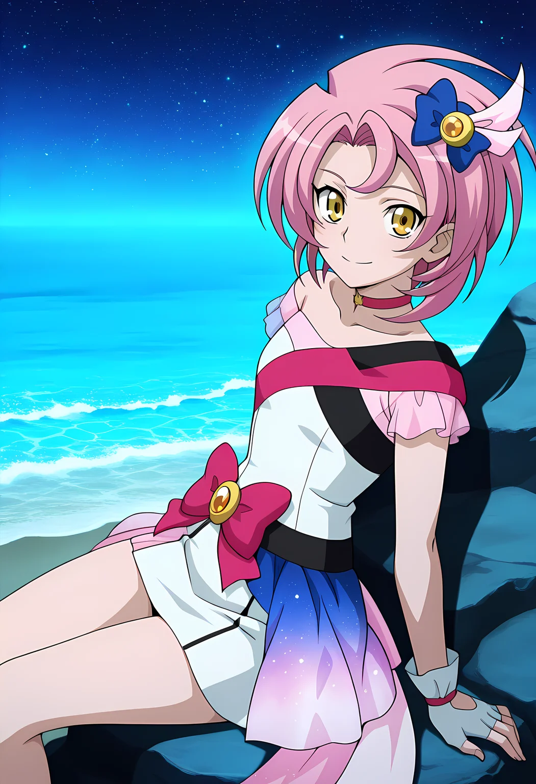 masterpiece,best quality,amazing quality,

solo,

Luna Yumizuki (Cardfight Vanguard), short hair, pink hair, yellow eyes,

idol, idol outfit, magical girl, semi transparent dress, collarbone, hair ornament, choker, fingerless gloves, bow,

looking at viewer, smile, 

lying, Leaning back on rock,

cinematic, 

bloom, night, at beach, starry sky, galaxy sky, glowing blue ocean waves,  blue light, detailed shadow,

Official style, anime screencap, anime coloring, 
















