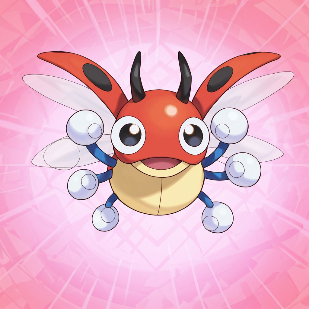 2d, solo, Pokemon (creature), Ledyba, insect, blue arms, white hands, multicolored body, red head, black antennae, black eyes, big pupils, wings open, 
BREAK open mouth smile, flying, abstract background 
BREAK best quality, amazing quality, very aesthetic, absurdres, newest, high quality, masterpiece