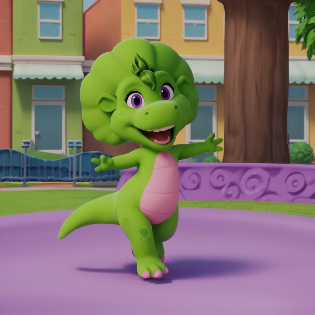 score_9, score_8_up, score_7_up, score_6_up, score_5_up, score_4_up, source_furry, bopbw, semi-anthro, female, dinosaur, green skin, green hair tuft, purple eyes, outside, dancing, happy