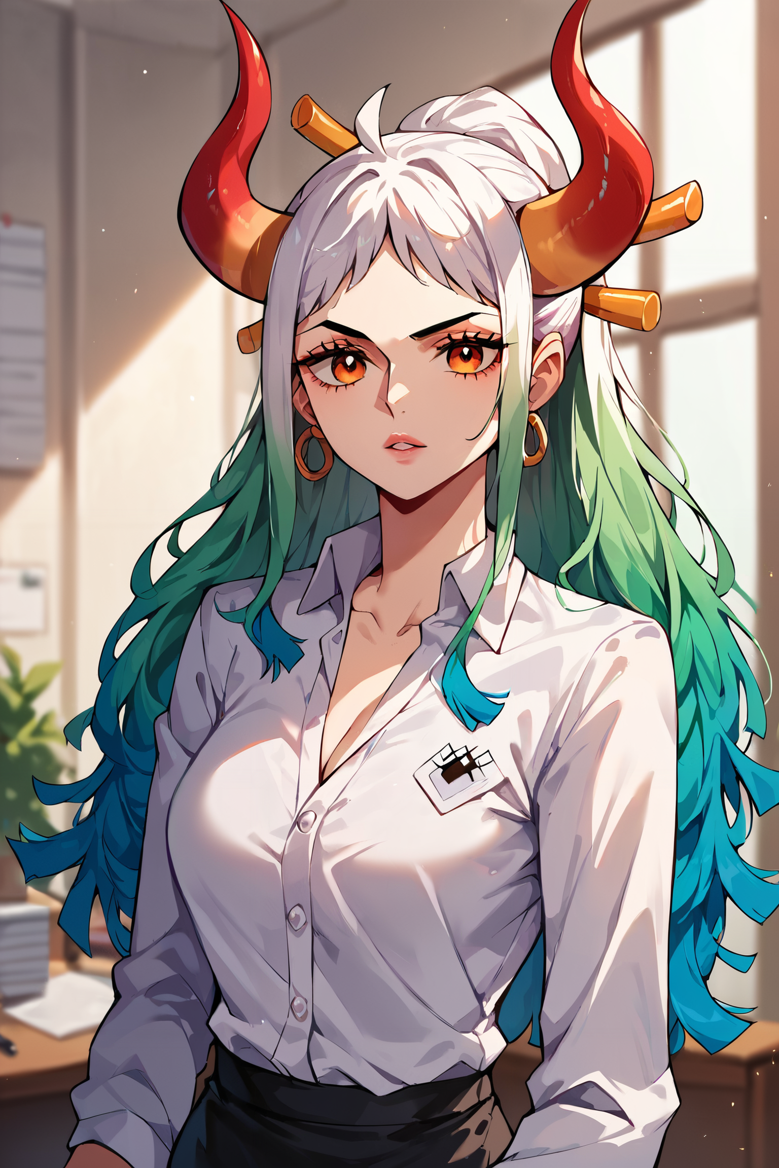 <lora:yamato_OP_XL_v1:0.8>   score_9,score_8_up,score_7_up,score_6_up,yamato \(one piece\), 1girl, solo, long hair,upper body,looking at viewer, parted lips, office,office lady, indoors, pencil skirt, white shirt, long sleeves,collared shirt,