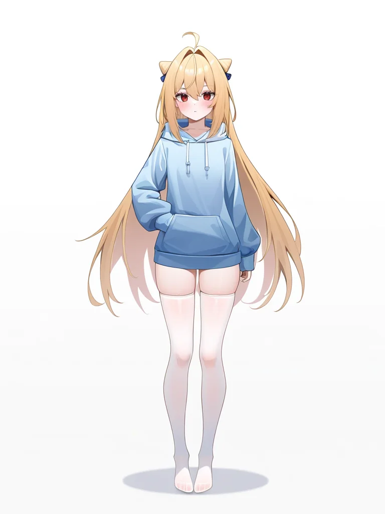 1girl,,looking at viewer,solo,very long hair,white background,white thighhighs,full body,xixueji,blonde hair,hair bun,hoodie,<lora:xixueji-000016:1.2>, masterpiece, best quality, very aesthetic, absurdres