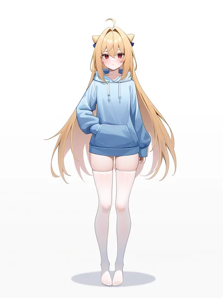 1girl,,looking at viewer,solo,very long hair,white background,white thighhighs,full body,xixueji,blonde hair,hair bun,hoodie,<lora:xixueji-000016:1.2>, masterpiece, best quality, very aesthetic, absurdres