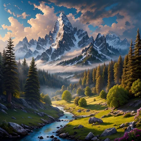 RAW photo, (masterpiece:1.3), subsurface scattering, heavy shadow, (high quality:1.4), (intricate, high detail:1.2), professional color photography, HDR, High Dynamic Range, realistic, ultra realistic, photorealistic, high resolution, film photography, ambient lighting, atmospheric effects, <lora:detail_slider_v4:2>, OverallDetail, <lora:storybook_last:0.5>, <lora:FantasyMountains:1>, blue sky, bridge, building, cloak, cloud, cloudy sky, day, fanmou, flock, fog, forest, holding staff, hood, landscape, meadow, mountain, mountainous horizon, nature, outdoors, pine tree, reflection, scenery, sky, stream, traditional media, tree