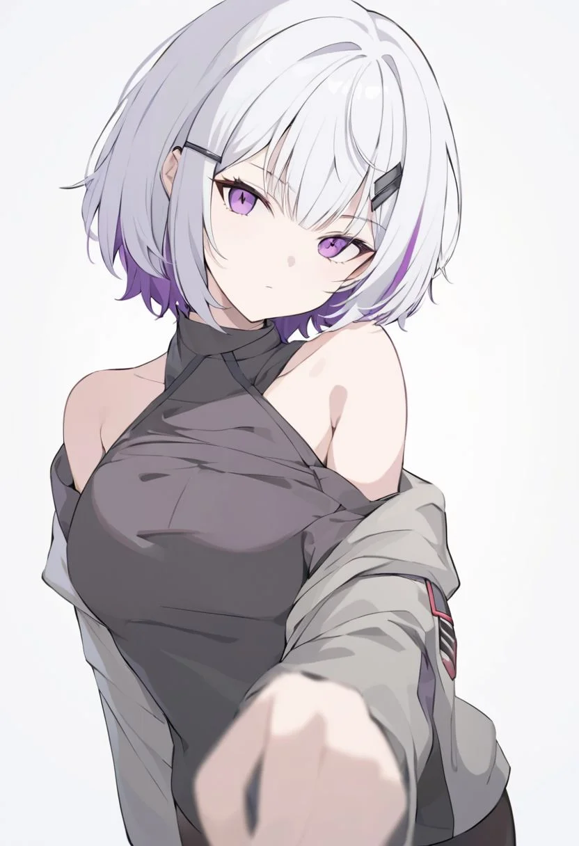 1girl, ellen joe, hand to own hair, cowboy shot,  white background, expressionless, purple eyes,multicolored hair,portrait, white hair, inner hair, purple inner hair, purple inner, short hair,looking at viewer, hair ornament, hairclips, white hair, purple inner hair, black nail,
HDA_flipped hair,
black_pantyhose,medium_breasts,
black dress, bare shoulder,
view from top, selfie