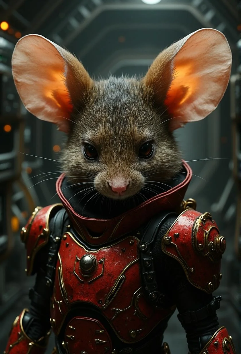 <lora:Dark_Fantasy_Anime-000021.safetensors:1> intricately textured, with subtle shadows cast, capturing light in a lifelike manner. glint subtly in the diffused light filtering, the surrounding environment is meticulously detailed
Futuristic anthropomorphic mouse in a high-tech exosuit combining red and gold metal armor with electronic details; large, illuminated ears and intense eyes. Dimly lit sci-fi lab setting with glowing panels and advanced circuitry.