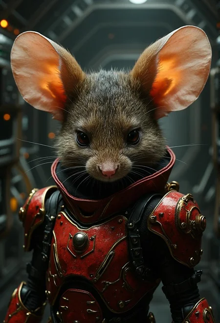<lora:Dark_Fantasy_Anime-000021.safetensors:1> intricately textured, with subtle shadows cast, capturing light in a lifelike manner. glint subtly in the diffused light filtering, the surrounding environment is meticulously detailed
Futuristic anthropomorphic mouse in a high-tech exosuit combining red and gold metal armor with electronic details; large, illuminated ears and intense eyes. Dimly lit sci-fi lab setting with glowing panels and advanced circuitry.