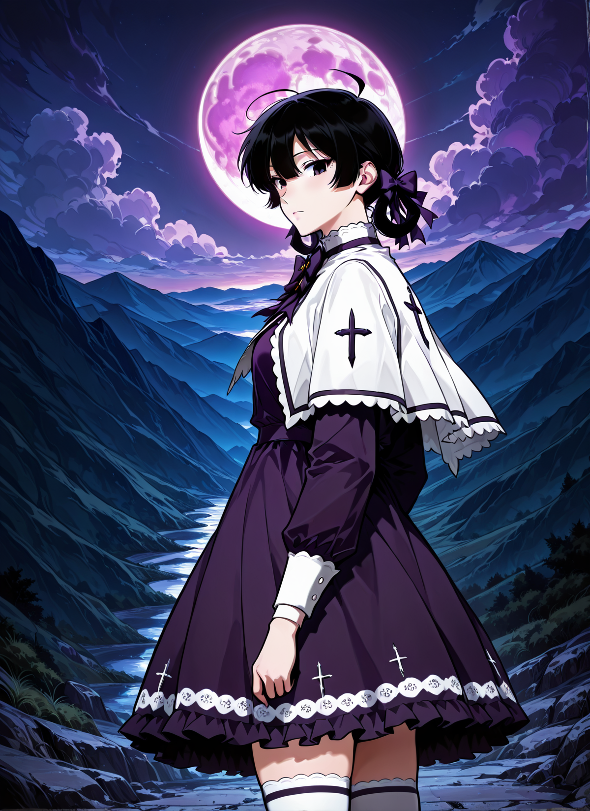 <lora:Asmodeus___Omniscient_Readers_Viewpoint__Illustrious:1>
solo, black hair, black eyes, short hair, twintails, braid twin braids, bangs, ahoge, hair between eyes, hair rings, small breasts
purple dress, frilled dress, bow, hair bow, long sleeves, purple bow, frills, purple bowtie, thigh-high socks, white capelet
score_9, score_8_up, score_7_up, source anime, BREAK, cowboy shot, (from side), looking back, looking at viewer, overlooking mountain, high altitude, scenery, exterior, background, (solo), perfect hands, night, purple moon <lora:iLLMythG0thicL1nes:1>