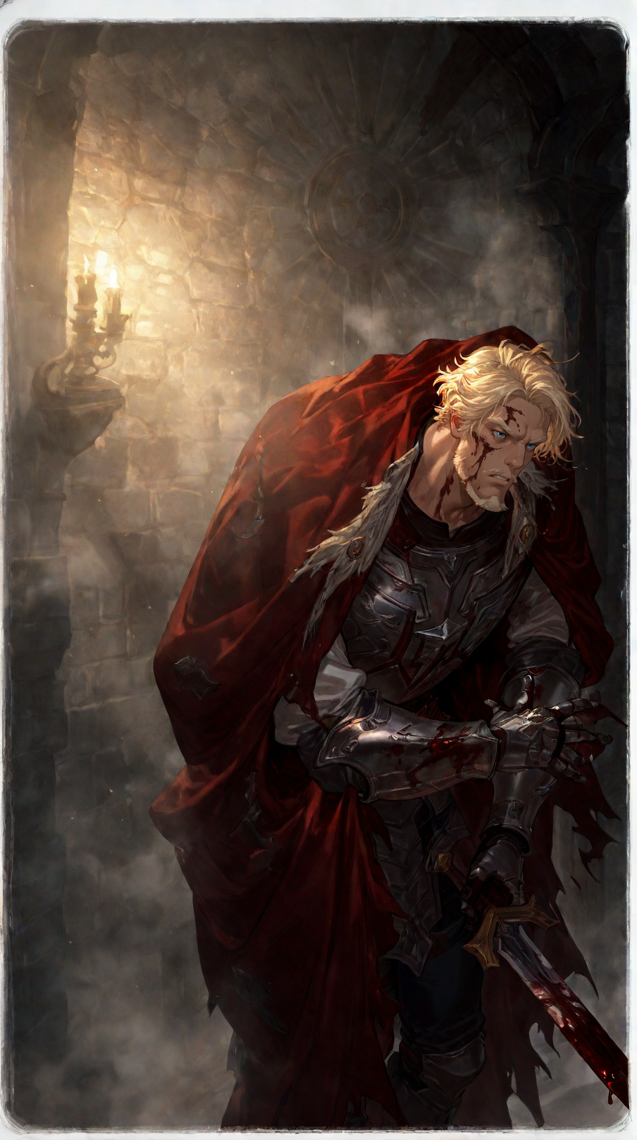 concept art masterpiece, best quality, absurdres
 <lora:dobri:1>dobriba, 1boy, male focus, solo, facial hair, blue eyes, blonde hair, mustache, beard,  short hair, breastplate,The red cloak,
armor, blood, blood on weapon, gauntlets,  <lora:GBF_Illustrious:0.8> gbf_style <lora:noobai_vpred_1_masterpieces_v23:0.7> masterpiece, best quality, very aesthetic <lora:ponyv6_noobE11_2_adamW:0.6> <lora:NOOB_vp1_detailer_by_volnovik_v1:0.4> . digital artwork, illustrative, painterly, matte painting, highly detailed