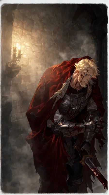concept art masterpiece, best quality, absurdres
 <lora:dobri:1>dobriba, 1boy, male focus, solo, facial hair, blue eyes, blonde hair, mustache, beard,  short hair, breastplate,The red cloak,
armor, blood, blood on weapon, gauntlets,  <lora:GBF_Illustrious:0.8> gbf_style <lora:noobai_vpred_1_masterpieces_v23:0.7> masterpiece, best quality, very aesthetic <lora:ponyv6_noobE11_2_adamW:0.6> <lora:NOOB_vp1_detailer_by_volnovik_v1:0.4> . digital artwork, illustrative, painterly, matte painting, highly detailed