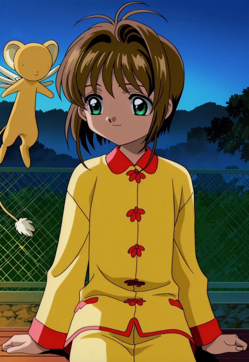 on-model, accurate art style, anime screencap, anime coloring, show accurate, cartoon screencap, movie accurate, official screencap, style parody, flat colors, official art, proper proportions, extremely detailed, newest, 2024, BREAK, 1girl, CCS_Sakura, kinomoto sakura, brown hair, short hair, bangs, antenna hair, hair intakes, green eyes, yellow and white chinese pajamas, sitting down, relaxing, smiling, looking at side, 1other, kero, floating, BREAK, detailed background, outdoors, zen garden, dusk, BREAK, POV, cowboy shot, BREAK, vibrant colors, cinematic lighting, 75% soft lighting, 25% dark lighting, cardcaptor sakura movie 1
