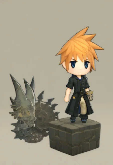 score_9, score_8_up, score_7_up,
lannff, solo, 1boy, male focus, spiked hair, blue eyes, belt, orange hair, buttons, black footwear, coat, pants, short sleeves, boots, buckle, black coat, belt buckle, capri pants, ffpictlogicastyle, chibi, full body, faux figurine