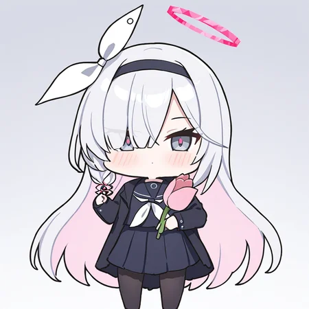 plana\(blue archive\),
(chibi:1.4),solo,
masterpiece,best quality,
halo,grey eyes,red pupils,black school uniform,pantyhose,serafuku,black skirt,neckerchief,flower,holding flower,holding,blush,long hair,tulip,long sleeves,pink flower,plaid,floating hair,shirt,facing viewer,hand up,<lora:plana_(blue_archive)-delta-lokr:1>,